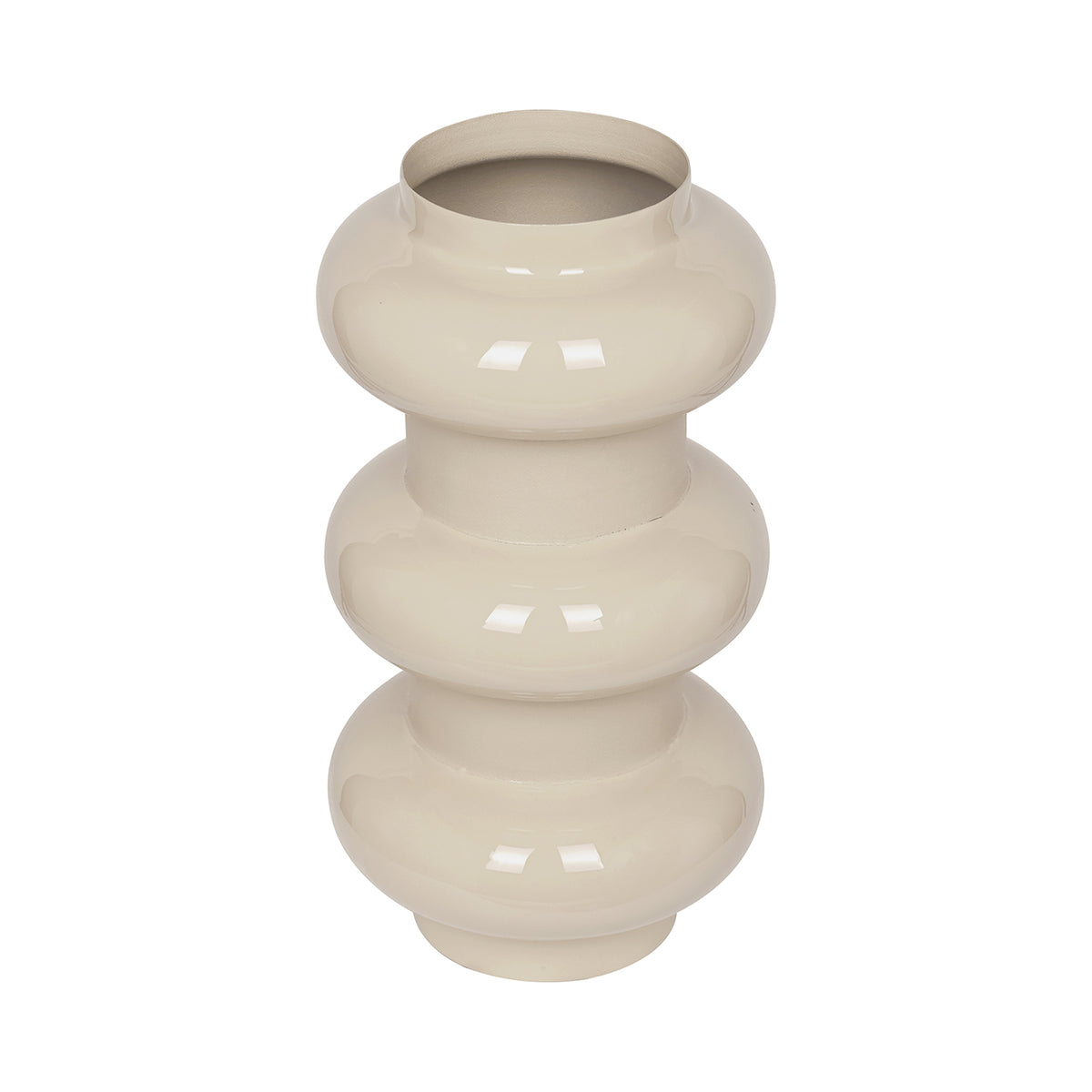 Elevated angled view of the cream vase showing its open neck and alternating rounded and cylindrical sections.