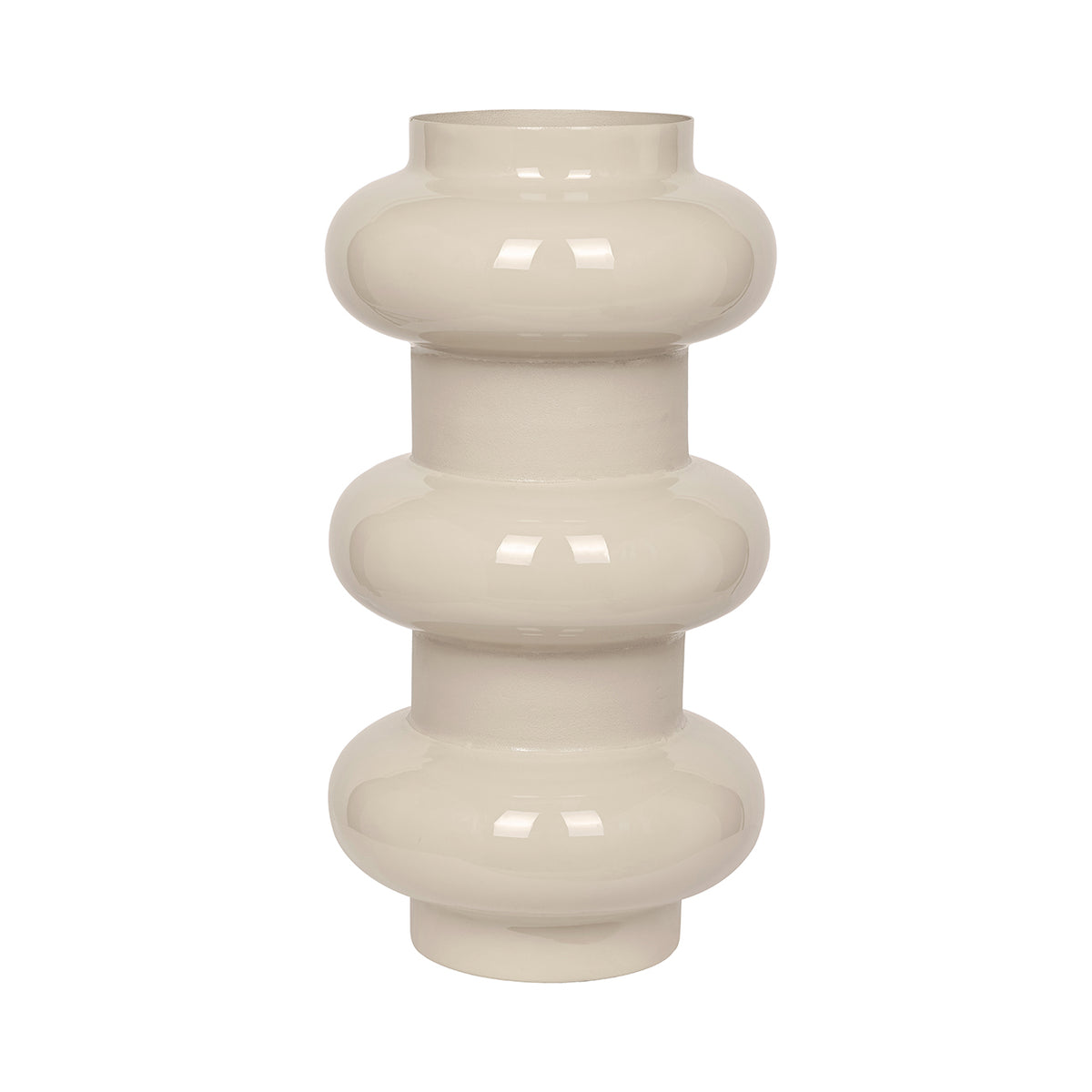 Front view of the warm cream Rhythm Vase with three glossy rounded bands, matte recessed sections and a short circular base.