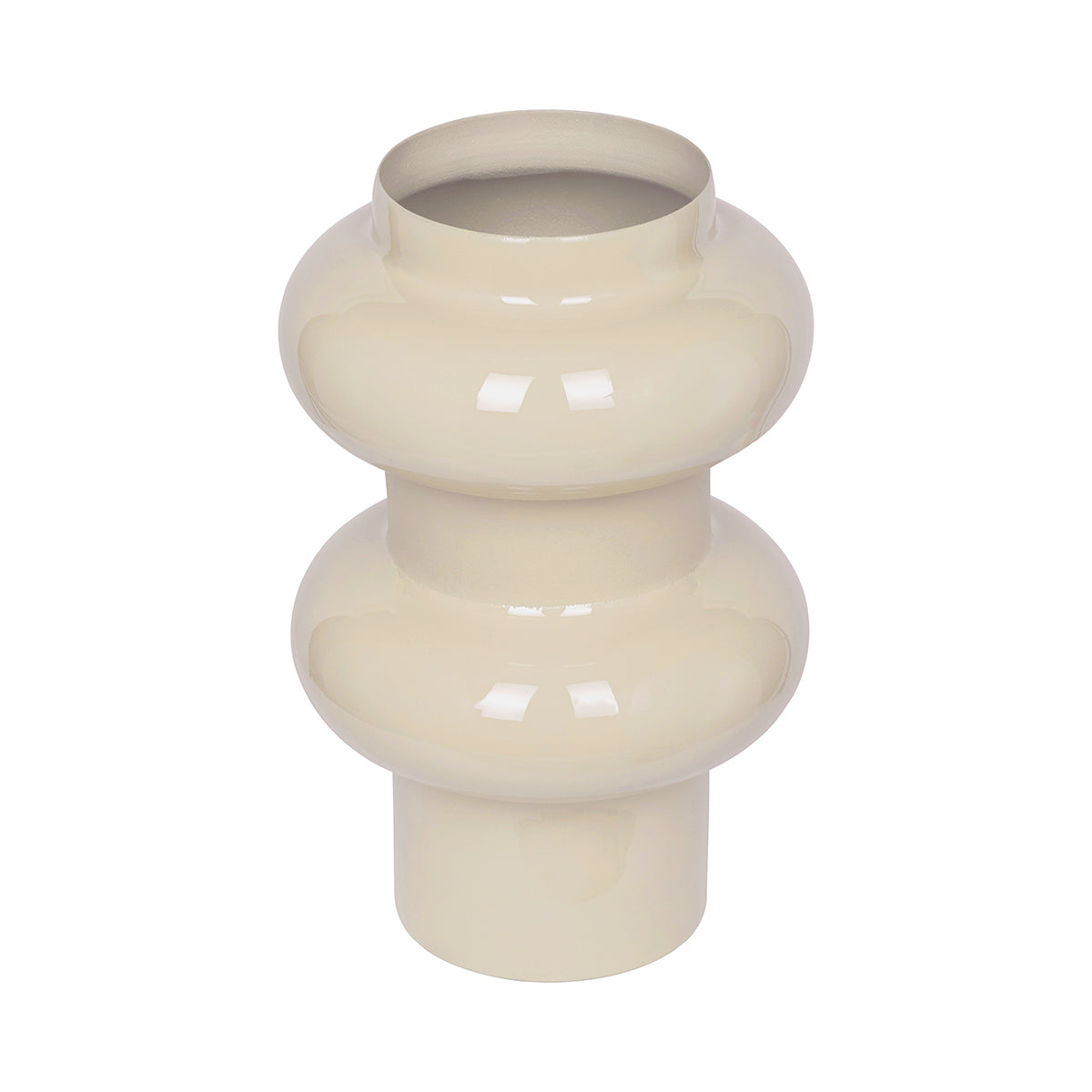 Elevated view of the cream vase showing its circular opening, glossy rounded rings and matte central band.