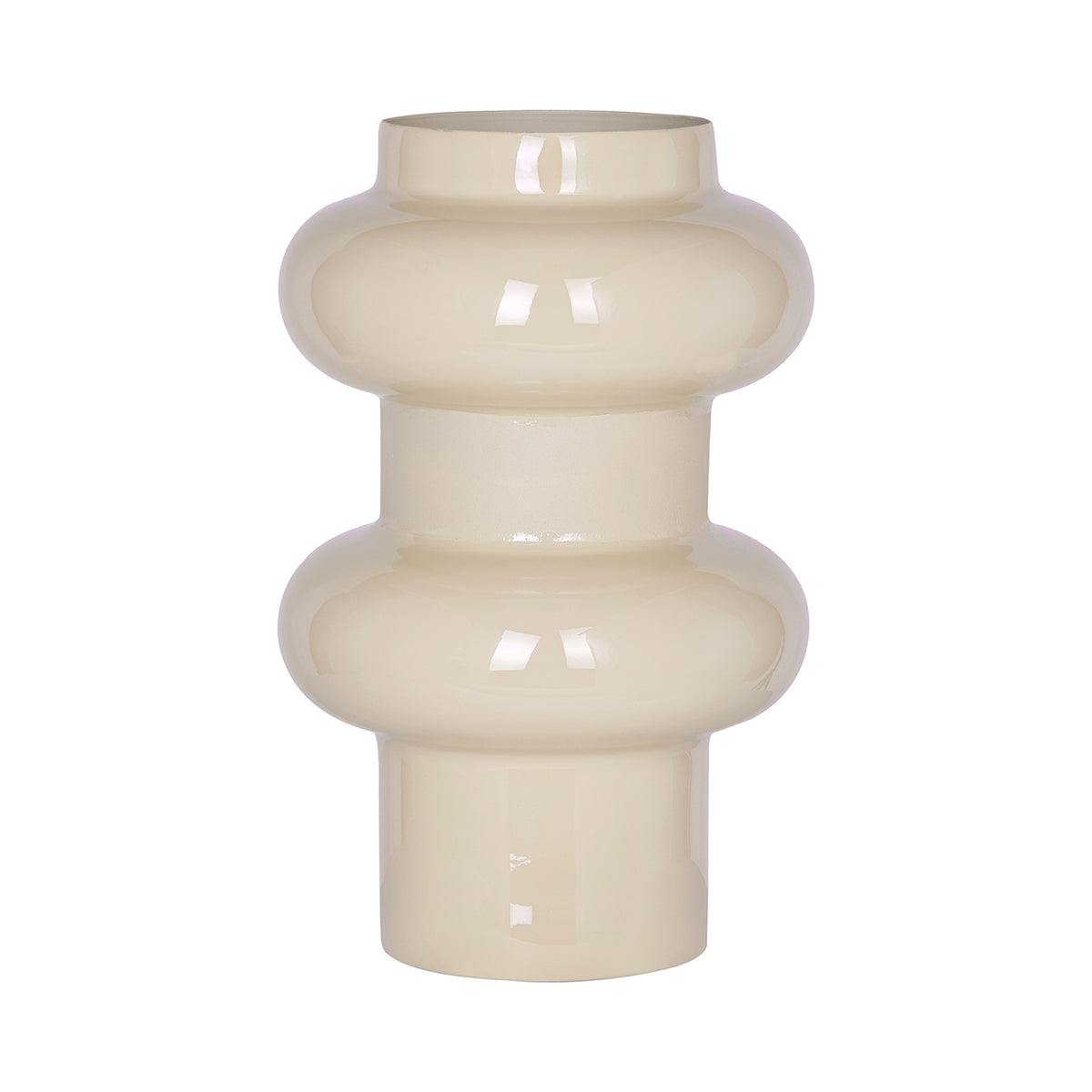 Front view of the cream Rhythm Vase — Small, with two rounded rings, a straight central band and cylindrical foot.