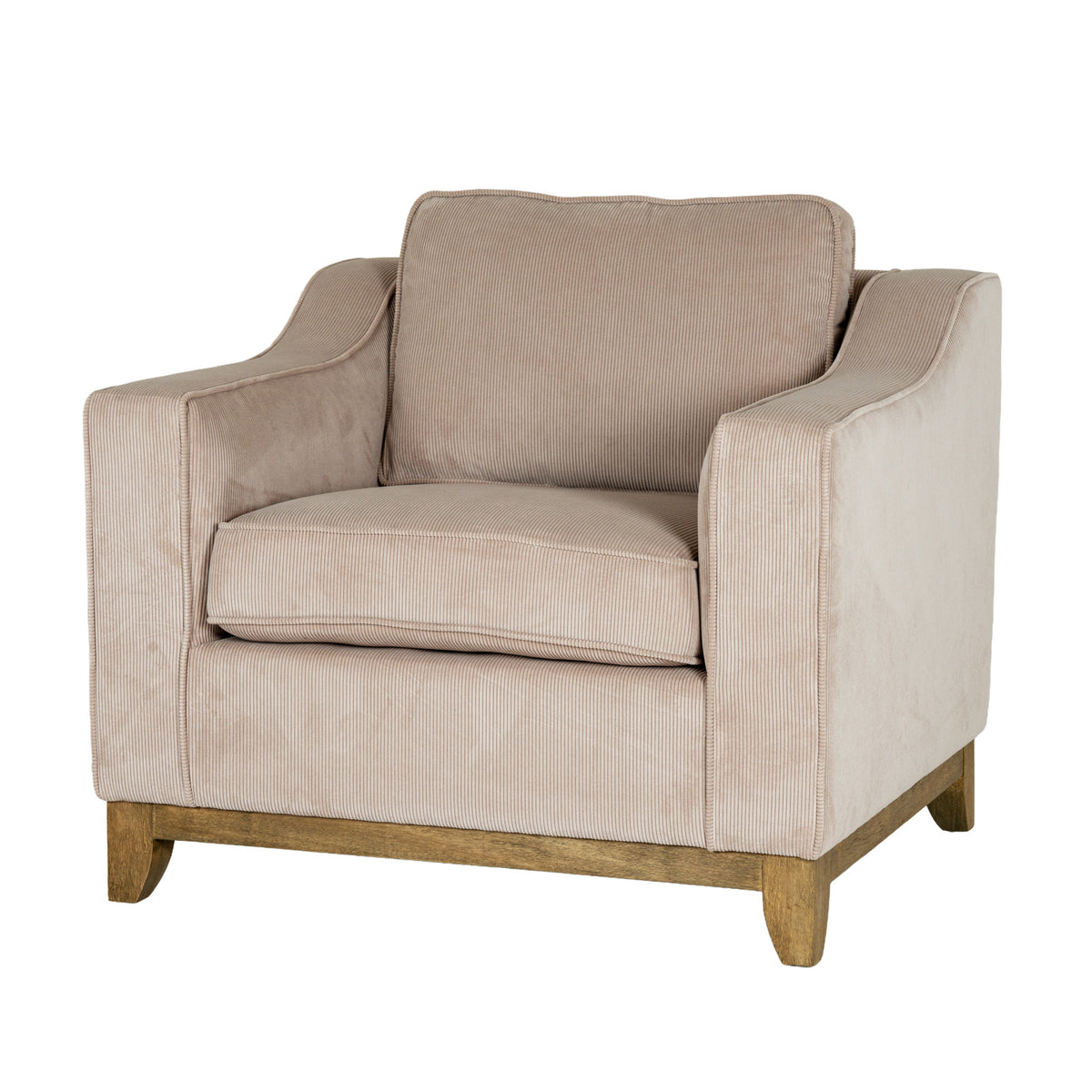 Angled front view of a cream ribbed armchair with rising arms, seat and back cushions, and brown lower rails and feet.