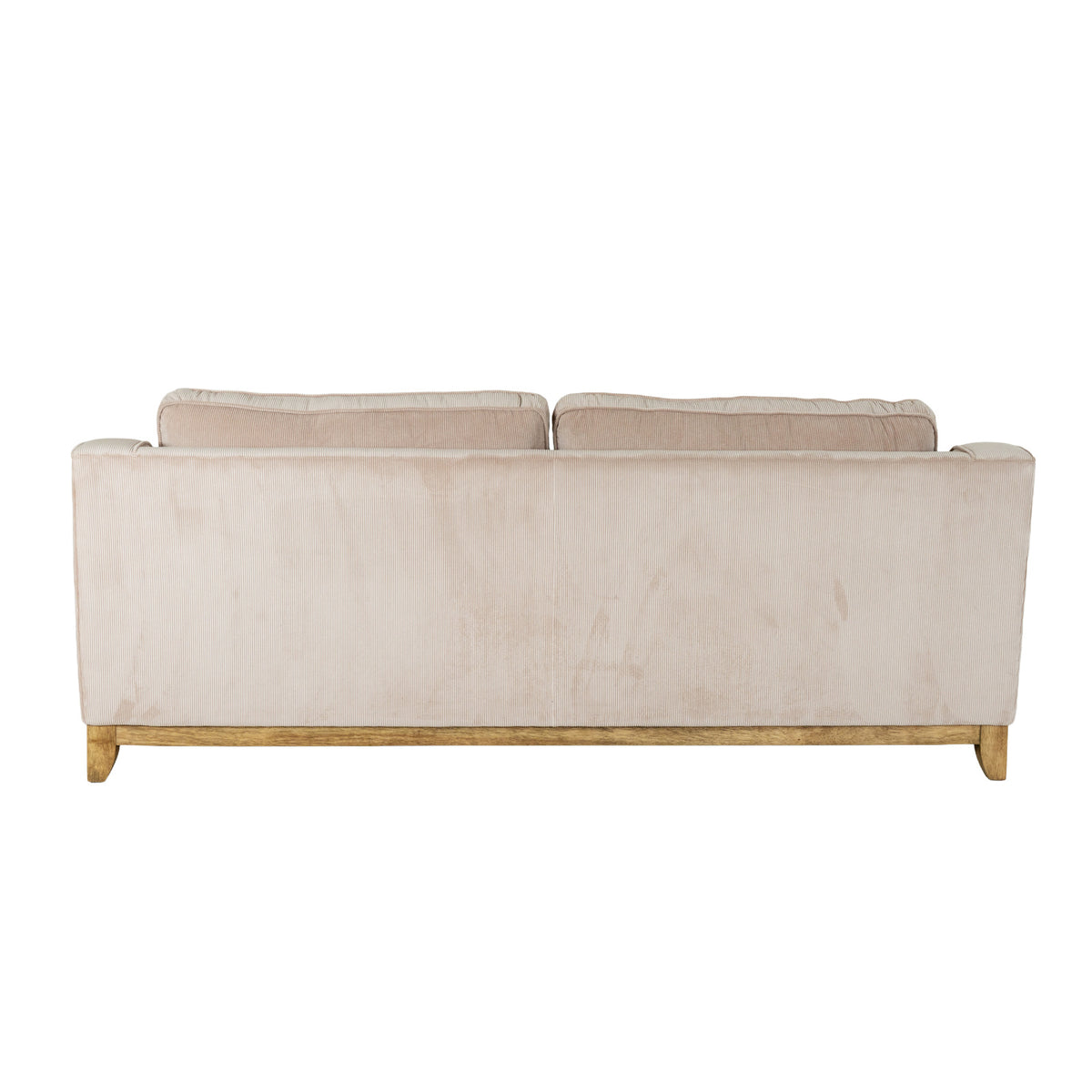 Rear view of the sofa with a broad cream ribbed back panel and the tops of two back cushions visible above it.