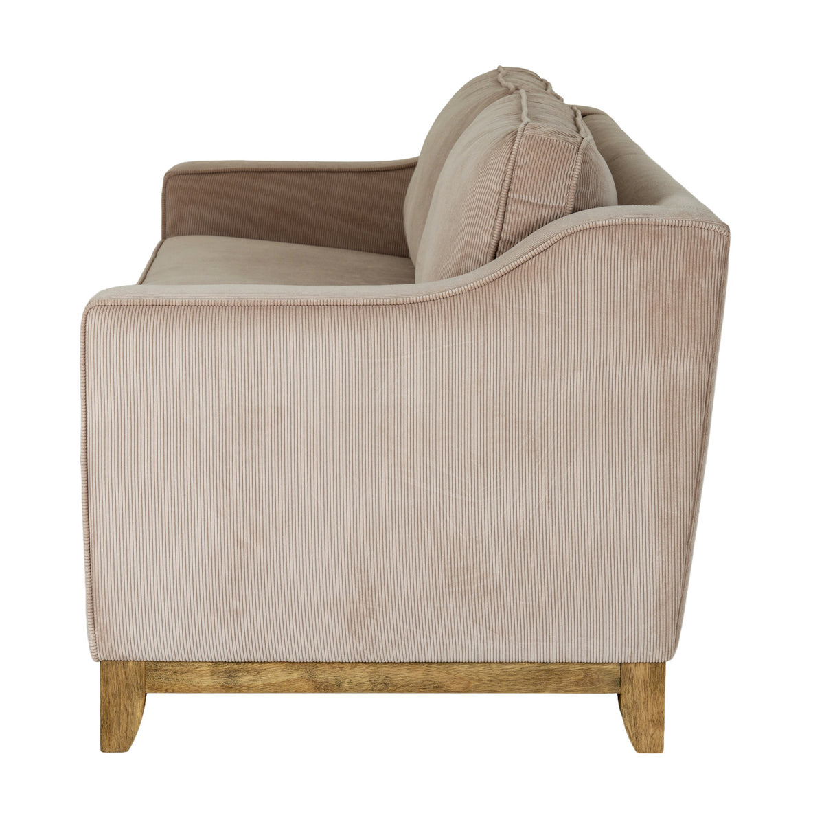 Side view of the sofa showing the upholstered arm rising towards the back above a brown lower rail and feet.