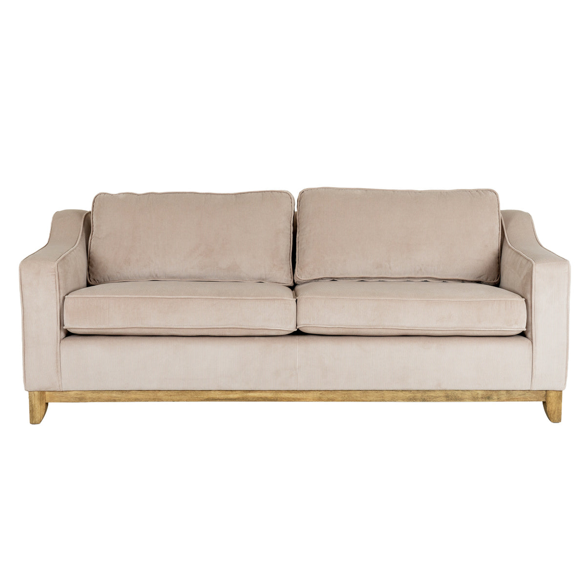Front view of the cream sofa with two seat cushions, two back cushions and a brown rail across the base.
