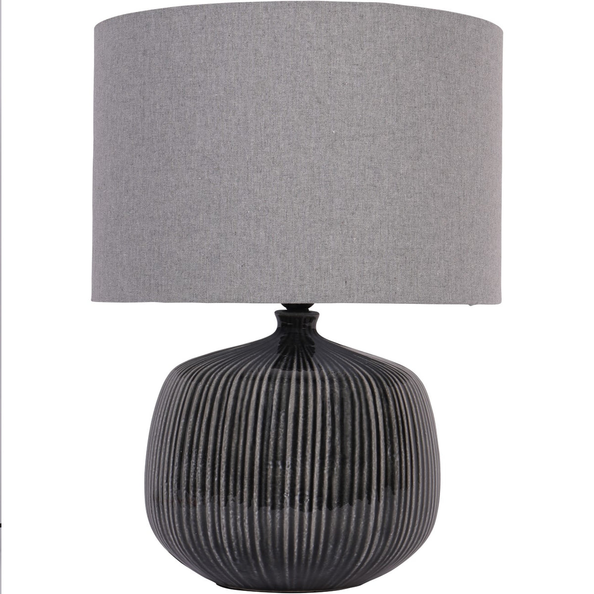 Front view of the charcoal table lamp with a rounded ribbed base and broad grey linen drum shade.