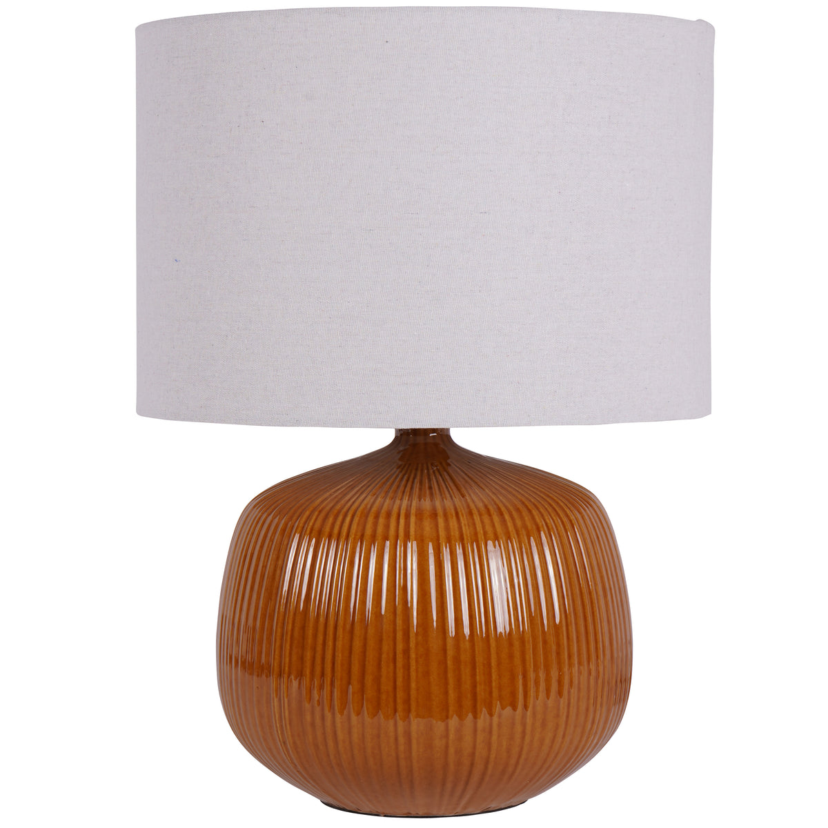Rib Table Lamp with a rounded glossy ochre ribbed base and broad off-white drum shade against a white background.