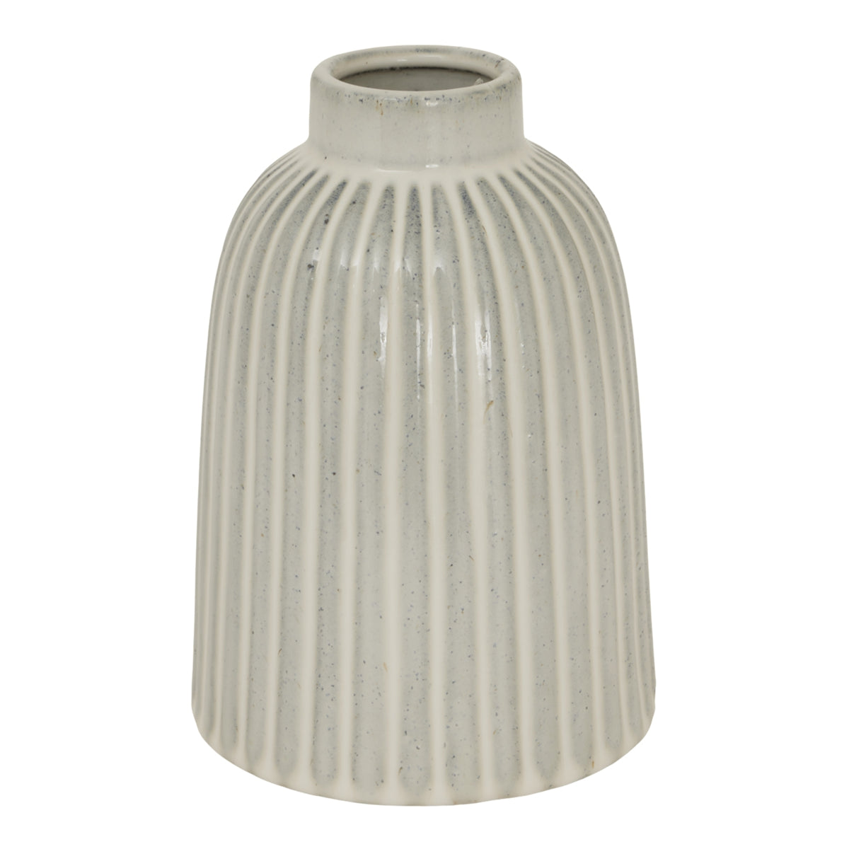 Cream bell-shaped vase with vertical ribs, curved shoulders and a short round neck against a white background.