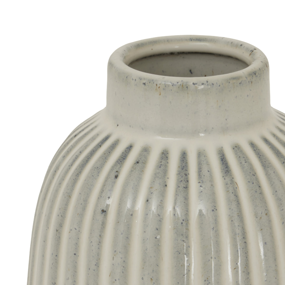 Close-up of the vase's round opening and smooth cream neck, with blue-grey speckles above the ribbed shoulders.