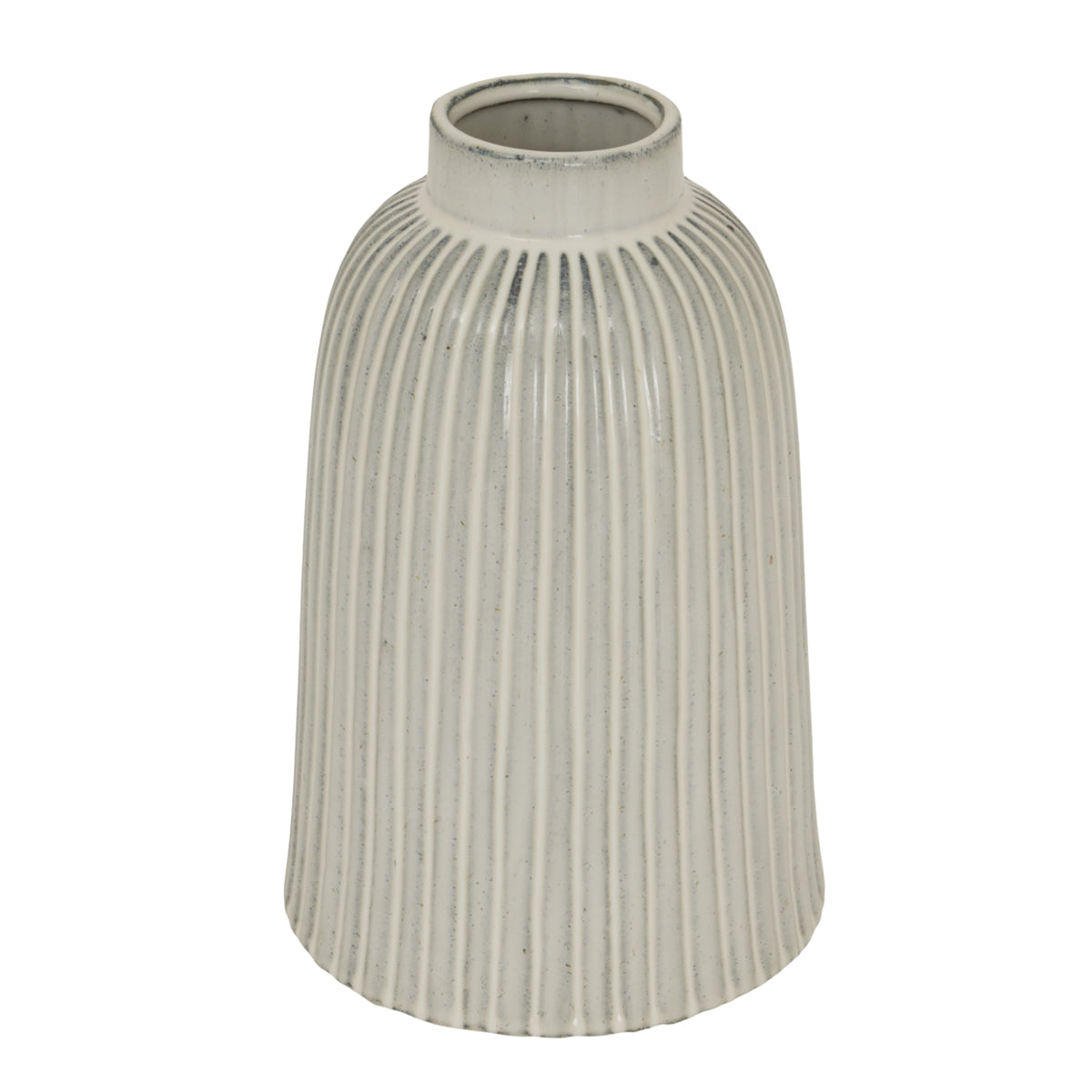 Pale cream bell-form vase with vertical ribs, rounded shoulders and a short round neck on a white background.