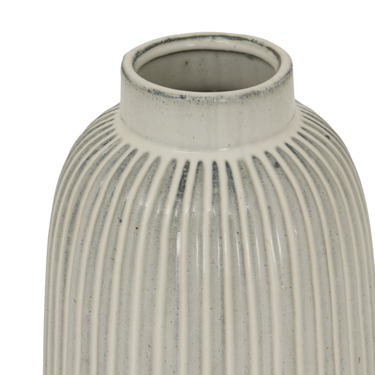 Close-up looking into the vase mouth, showing blue-grey speckling around the rim and ridges curving over the shoulders.