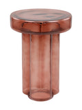 Red-tinted glass side table with a broad rounded top and vertically ribbed column base, shown against a white background.
