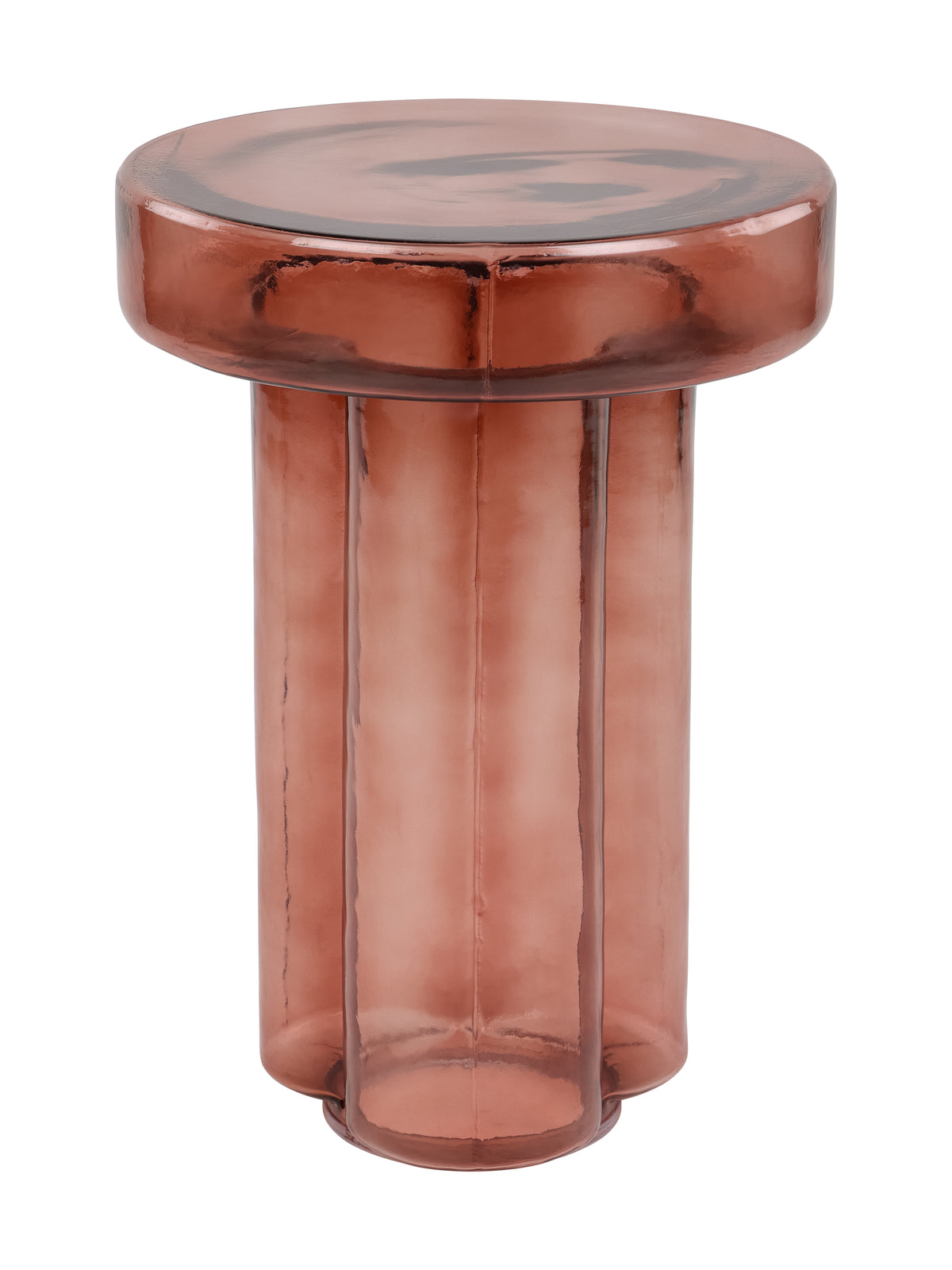 Red-tinted glass side table with a broad rounded top and vertically ribbed column base, shown against a white background.