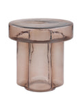 Smoked glass side table on a white background, showing a broad circular top with a rippled surface above a ribbed column base.