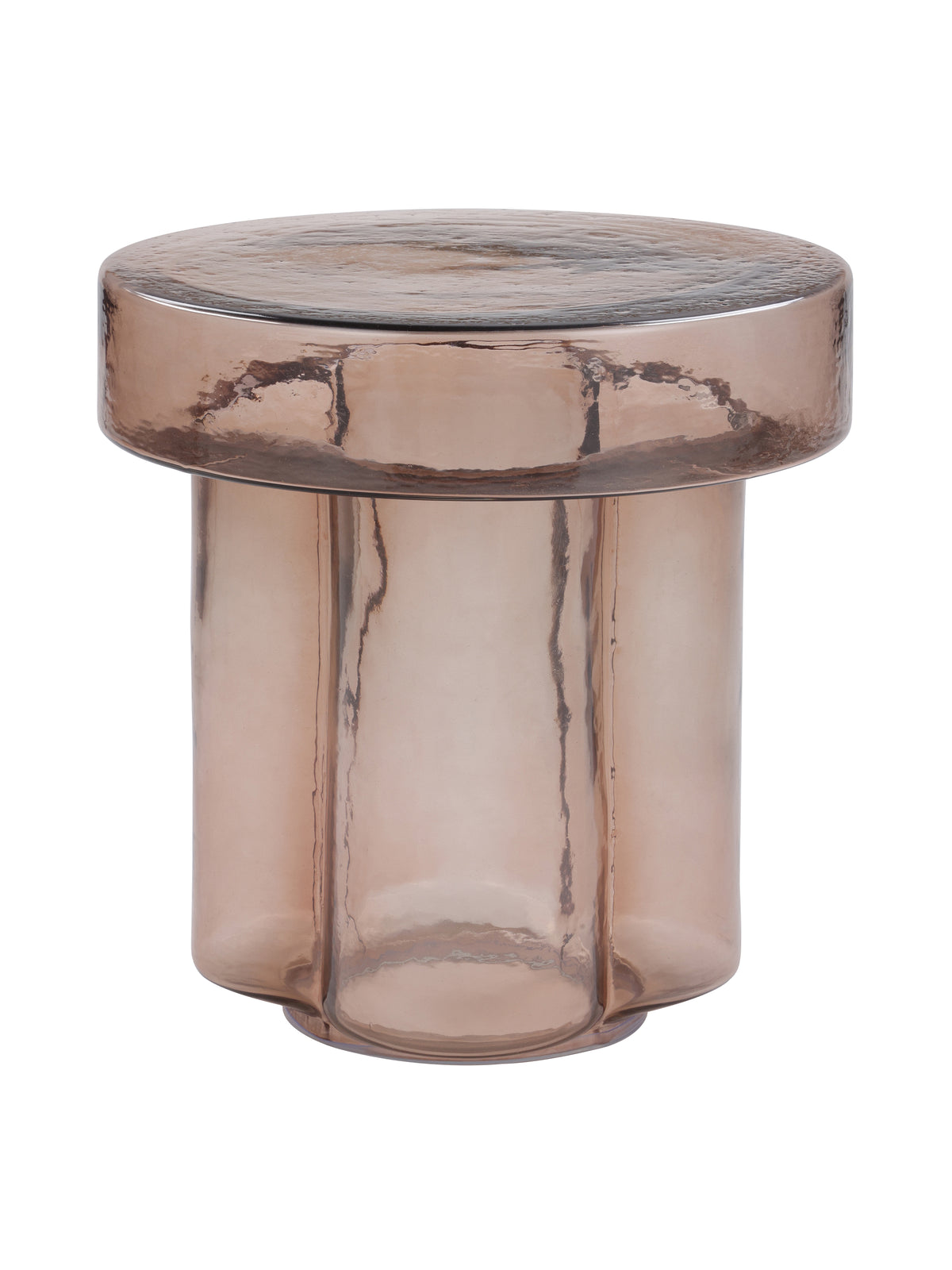 Smoked glass side table on a white background, showing a broad circular top with a rippled surface above a ribbed column base.