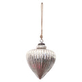 Silver-toned ribbed drop bauble with rounded shoulders, a pointed tip and rounded cap, hanging from a ring and long tan cord against a white background.
