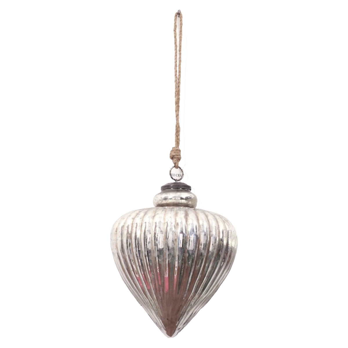 Silver-toned ribbed drop bauble with rounded shoulders, a pointed tip and rounded cap, hanging from a ring and long tan cord against a white background.