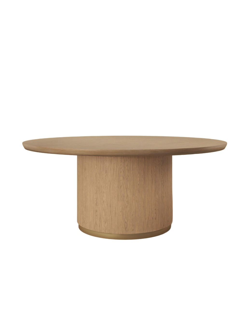 Round wooden dining table with a broad top, vertically ribbed drum pedestal and gold-coloured band at the base, on a white background.
