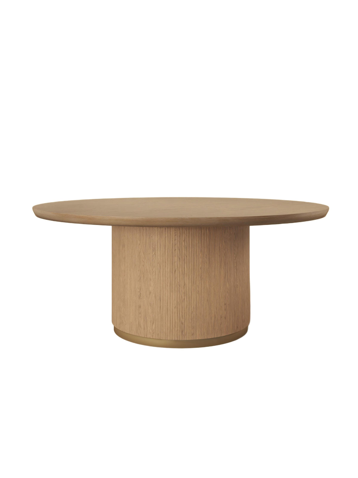 Round wooden dining table with a broad top, vertically ribbed drum pedestal and gold-coloured band at the base, on a white background.