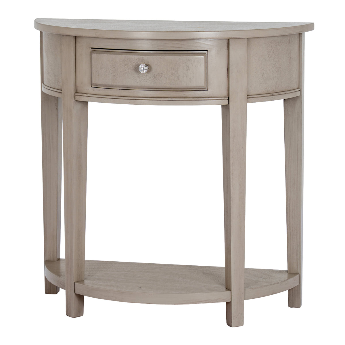 Front view of the pale grey-beige half-moon console table, showing its curved drawer, silver-coloured knob, four square legs and low shelf.