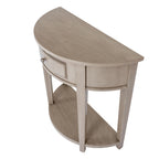 Console table viewed from above at an angle, showing the half-moon top, curved apron and matching lower shelf.