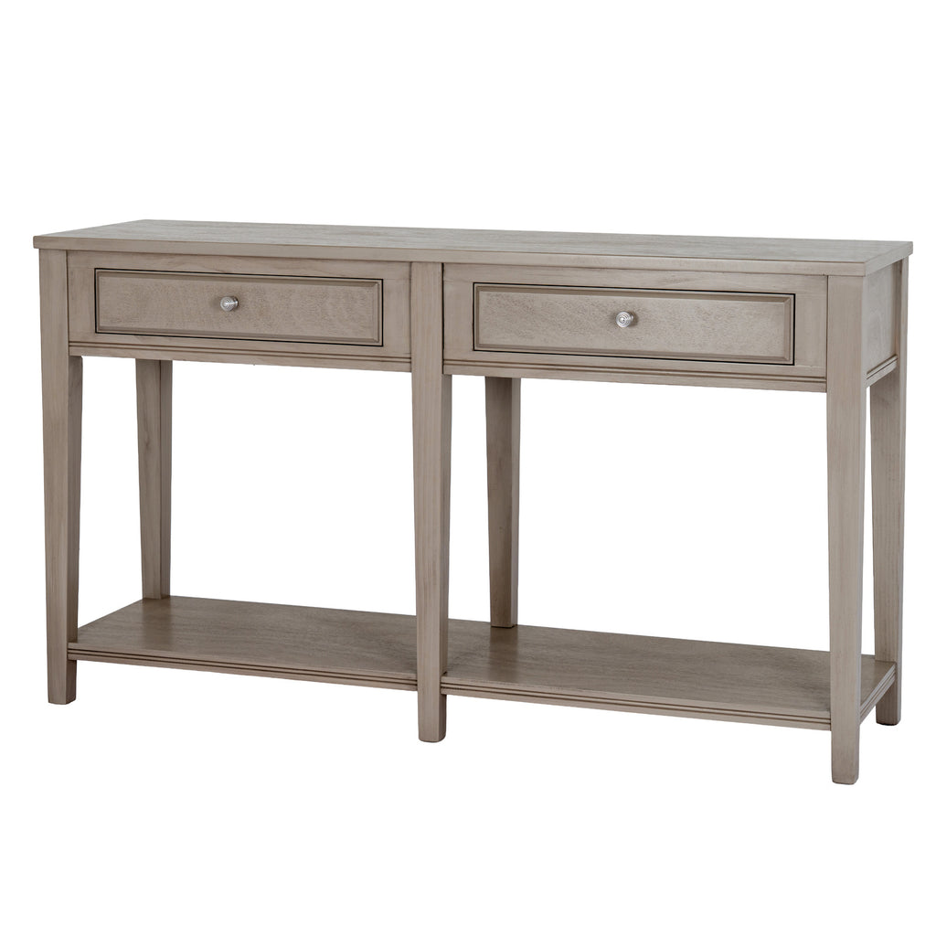 Angled front view of a pale grey-beige console table with two framed drawers, silver-coloured ribbed knobs, square legs and a continuous low shelf.