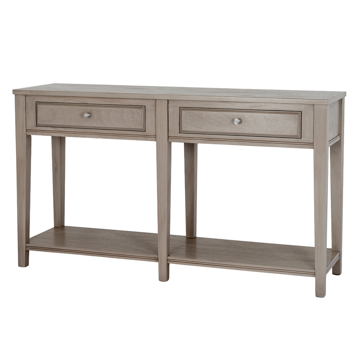 Angled front view of a pale grey-beige console table with two framed drawers, silver-coloured ribbed knobs, square legs and a continuous low shelf.