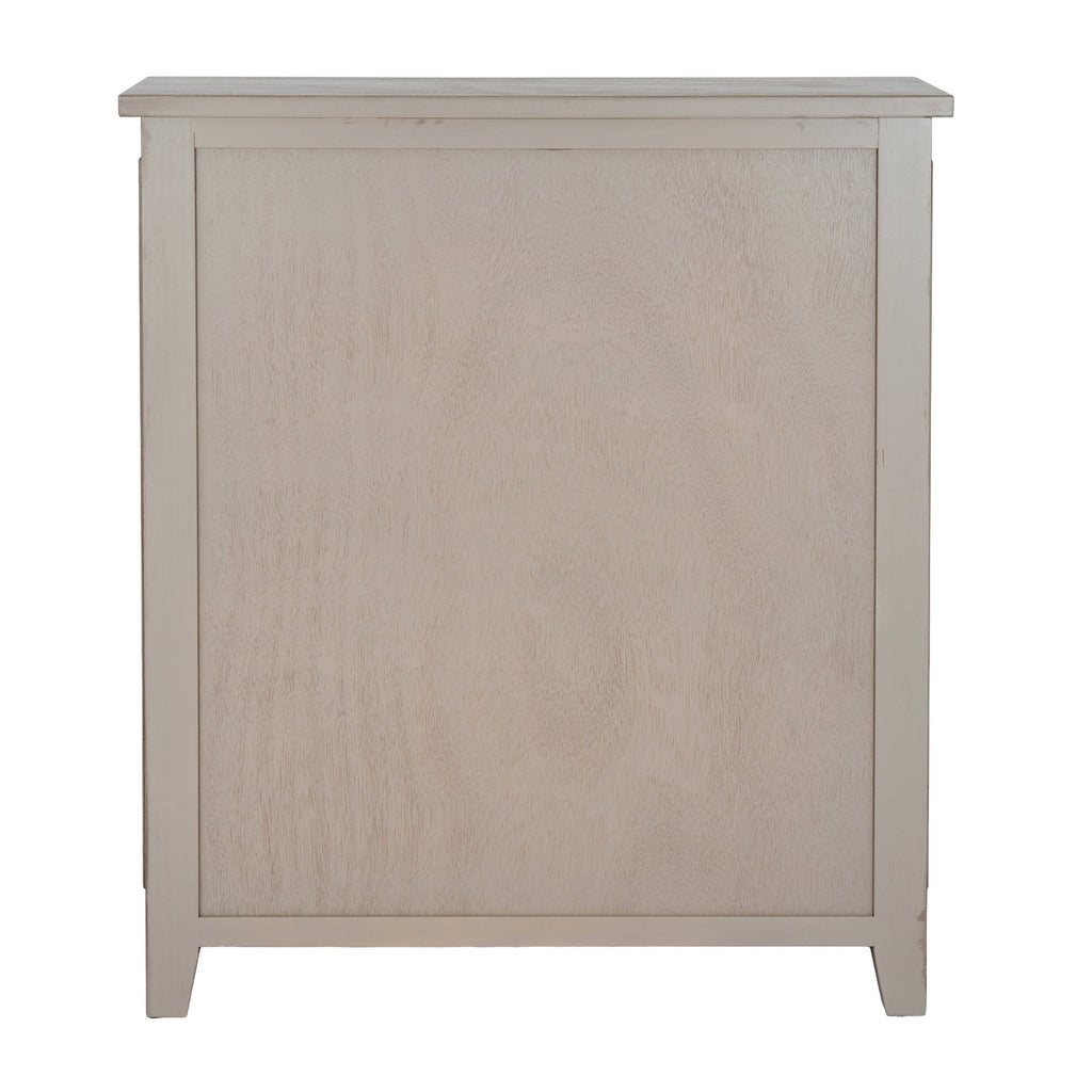 Rear view of the pale grey-beige cabinet, showing a broad grained panel within a rectangular frame, a straight projecting top and short feet.