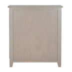 Rear view of the pale grey-beige cabinet, showing a broad grained panel within a rectangular frame, a straight projecting top and short feet.
