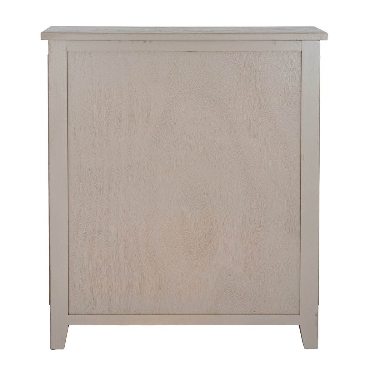 Rear view of the pale grey-beige cabinet, showing a broad grained panel within a rectangular frame, a straight projecting top and short feet.