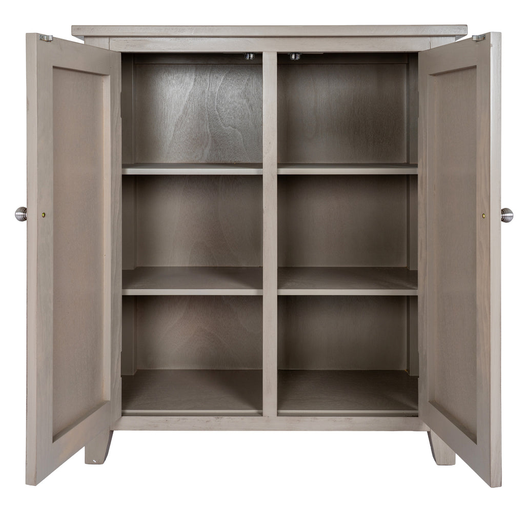 Hall cabinet with both doors open, showing an empty grained interior, horizontal shelf levels, a central front upright and catches beneath the top.