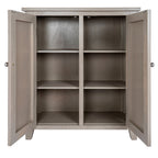 Hall cabinet with both doors open, showing an empty grained interior, horizontal shelf levels, a central front upright and catches beneath the top.