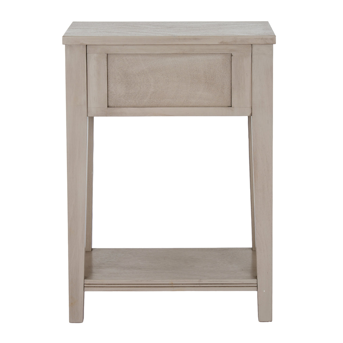 Rear view of the pale table with a framed rectangular back panel, open space between the legs and a low shelf.
