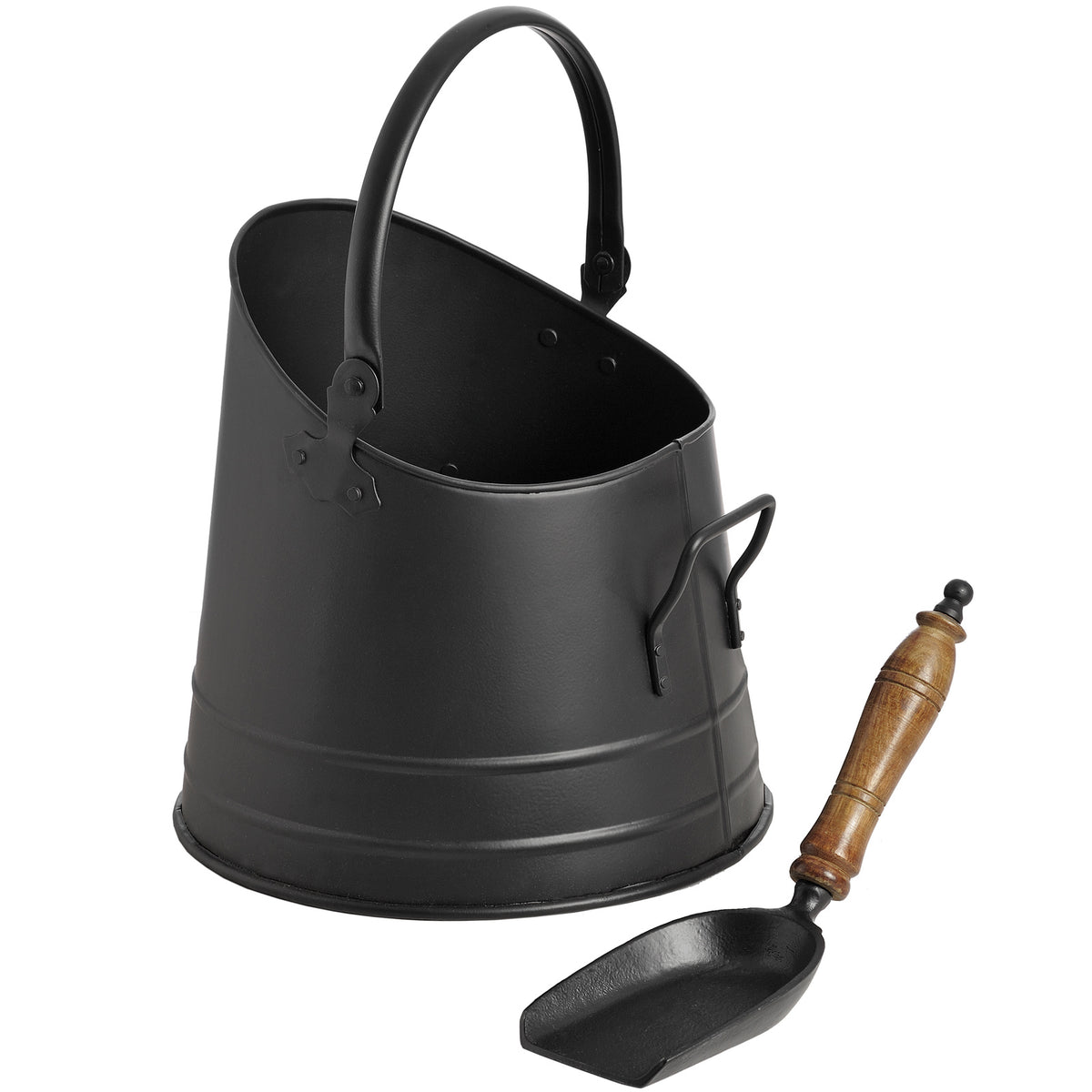 Black coal bucket viewed from the opposite side, showing its dark interior and smaller handle, with the shovel displayed separately.