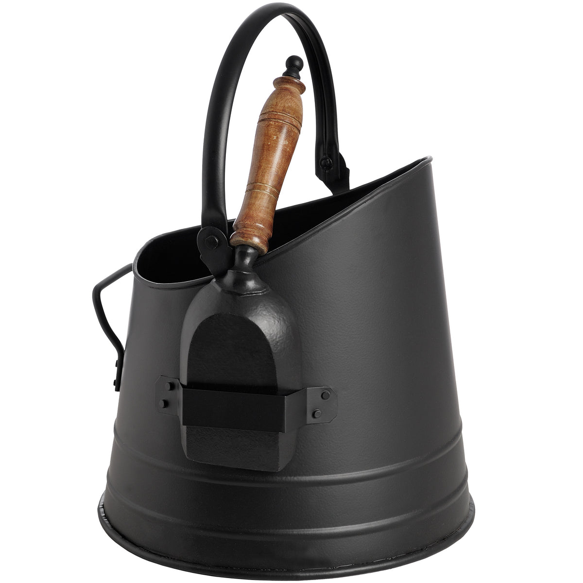 Black coal bucket with a sloping rim, arched handle and brown-handled shovel held in an exterior strap.
