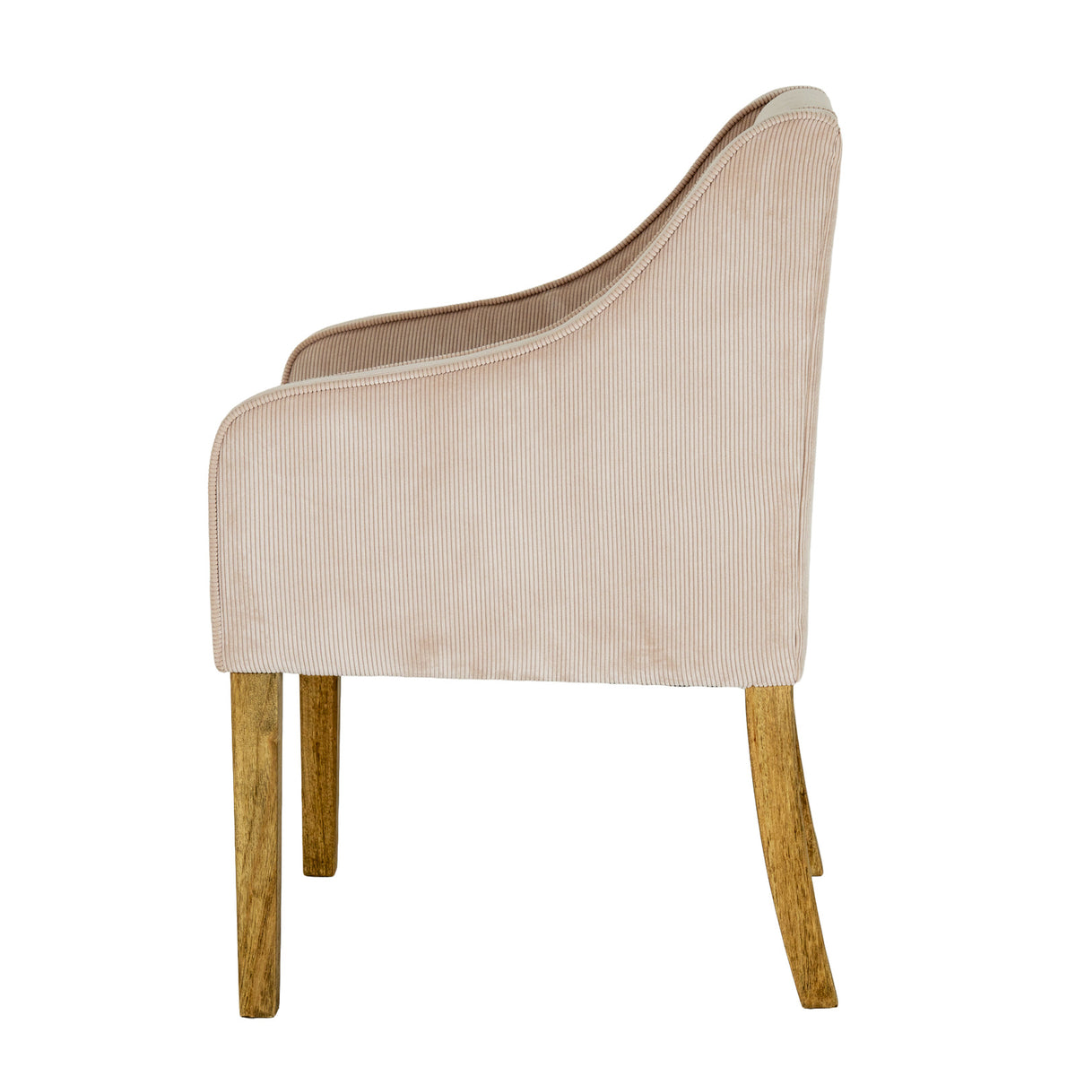 Side view of the dining chair showing the curved line from the tall back to the arm, ribbed upholstery and warm brown legs.