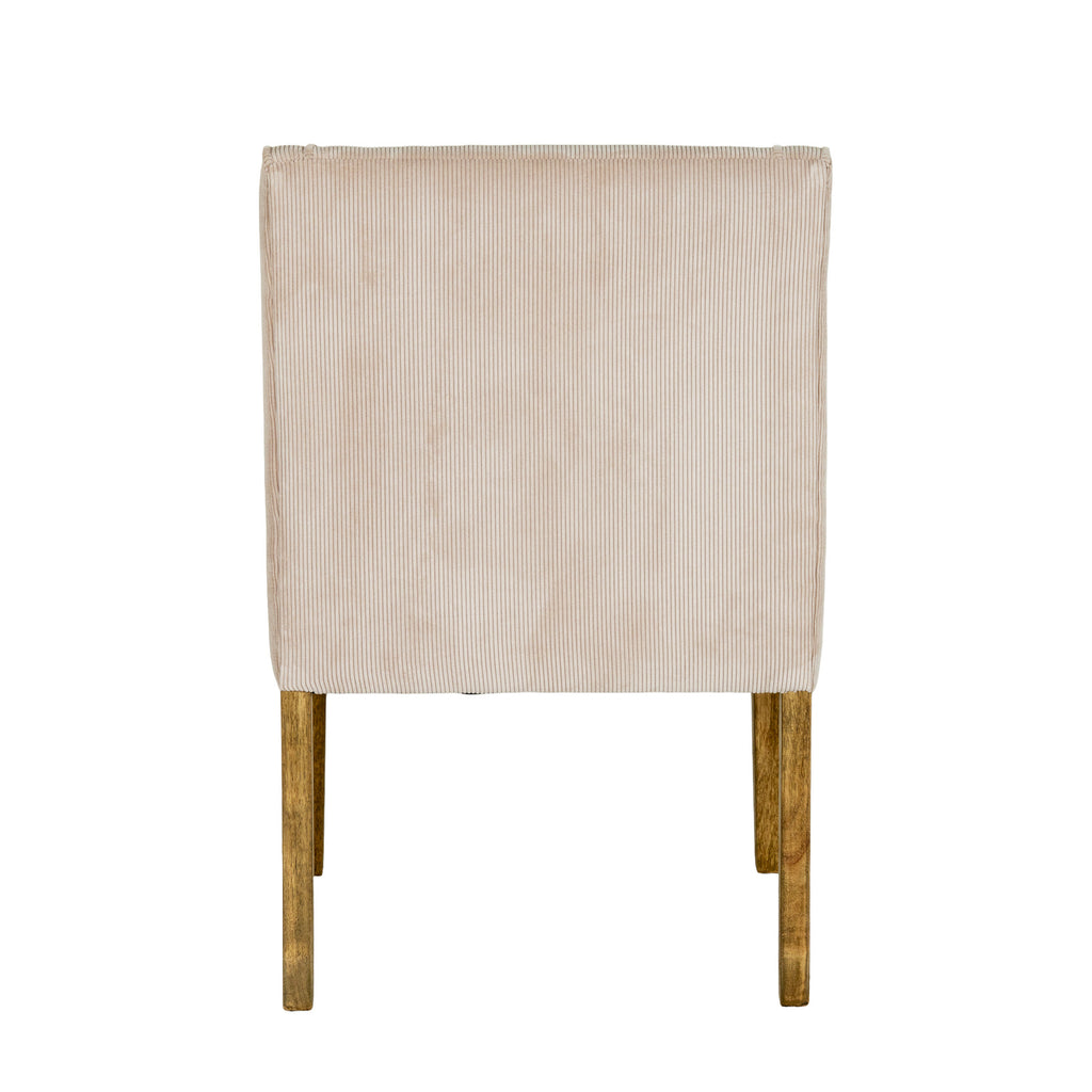 Rear view of the dining chair with vertical cream/taupe ribbing across the back and warm brown grained legs below.