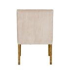 Rear view of the dining chair with vertical cream/taupe ribbing across the back and warm brown grained legs below.