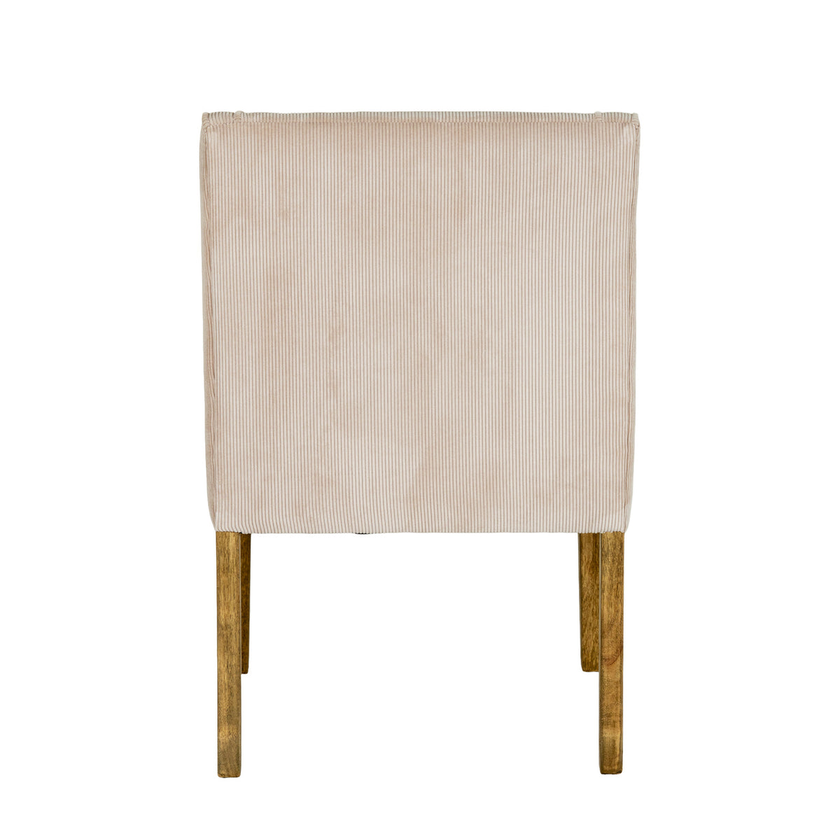 Rear view of the dining chair with vertical cream/taupe ribbing across the back and warm brown grained legs below.