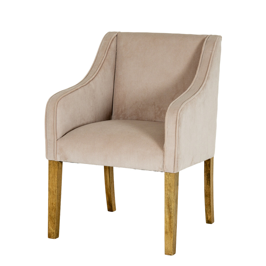 Front three-quarter view of the cream/taupe ribbed dining chair, showing its tall back, sweeping arms and four warm brown grained legs.