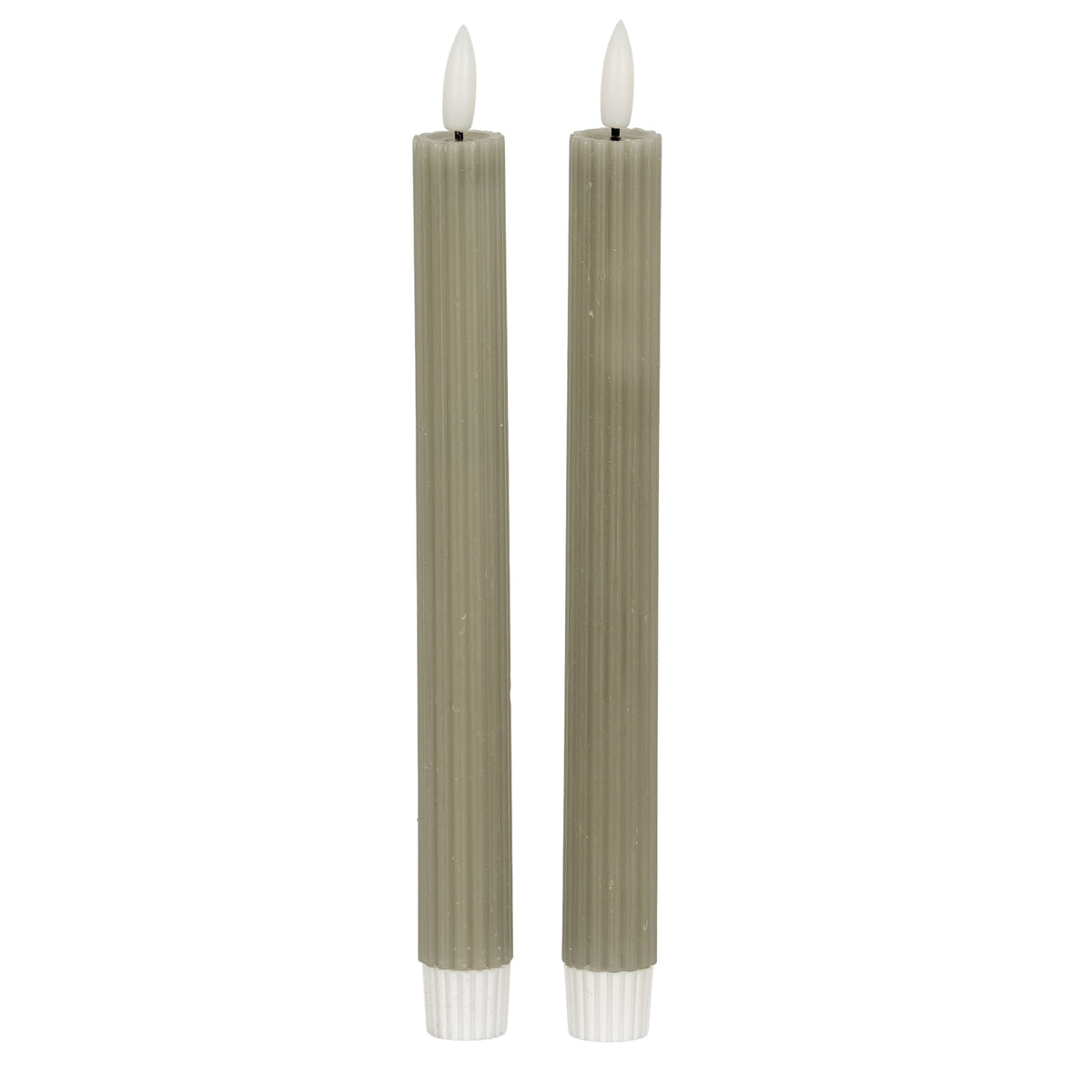 Two slender sage-green ribbed LED candles with pale flame-shaped tops and white ribbed lower fittings against a white background.