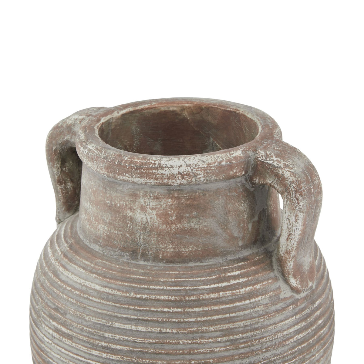 Angled close-up of the vase opening, showing the thick rounded rim, brown interior and pale mottling over both handles.