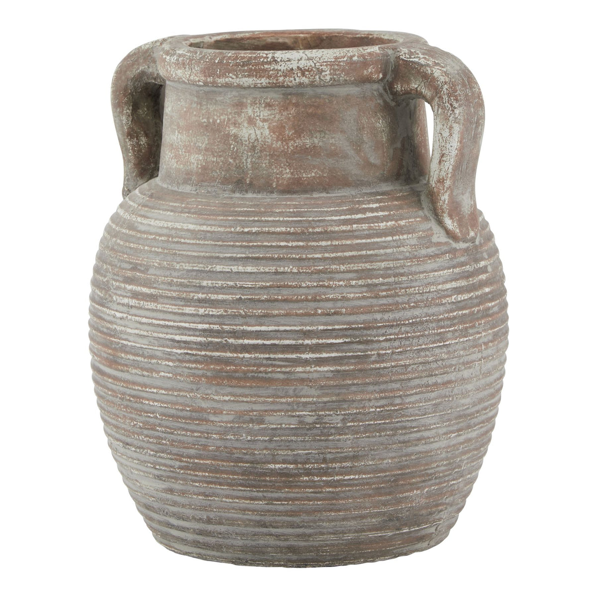 Brown ceramic vase with twin curved handles, a broad rim and a rounded ribbed body against a white background.
