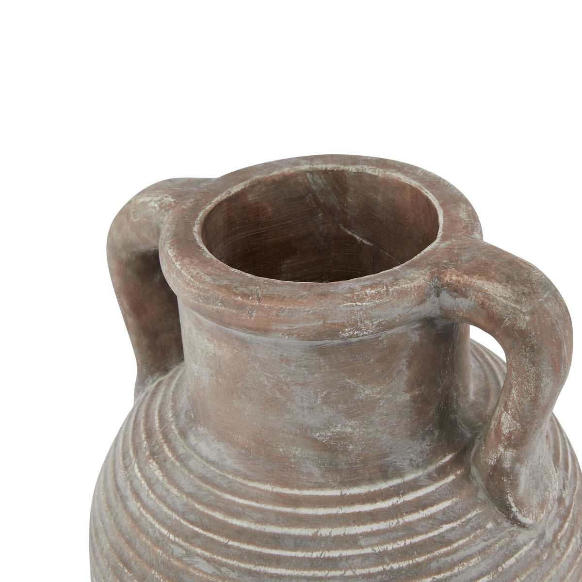 Angled close-up looking into the vase's round opening, showing the thick rim, curved handles and ribbed shoulders.