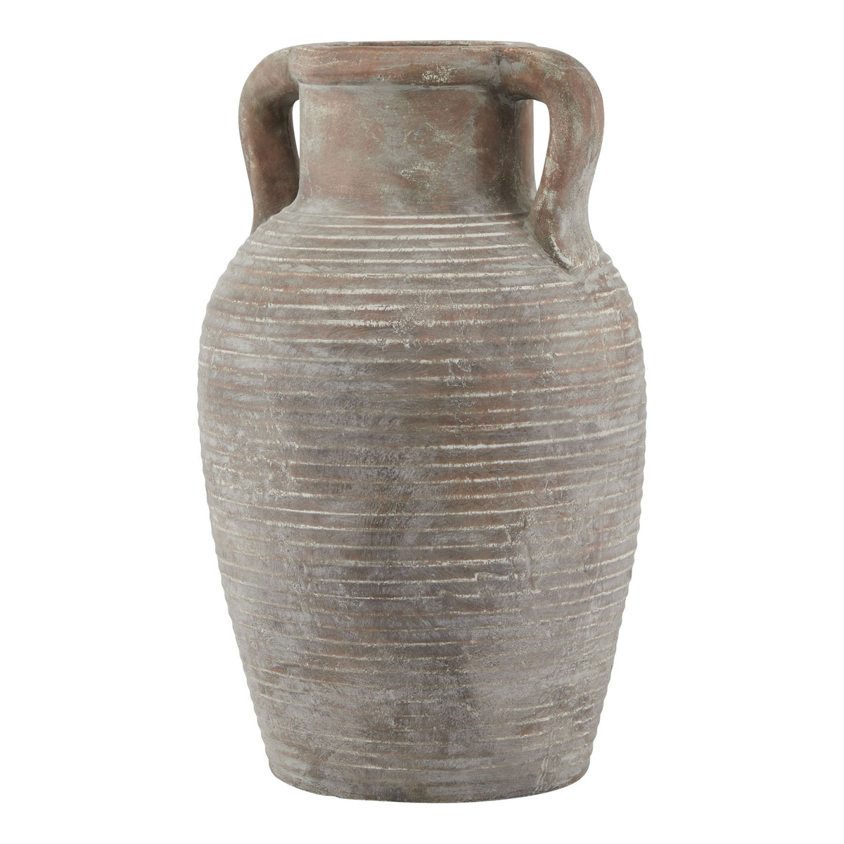 Full view of a brown-grey amphora-shaped vase with two curved handles, horizontal ribs and pale distressed patches.