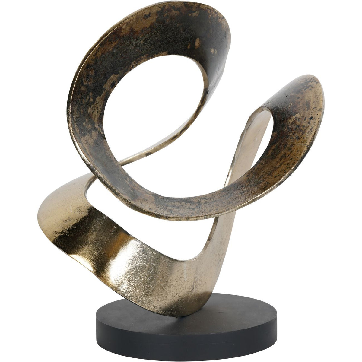 Angled view of the sculpture showing a dark mottled ribbon curving forward over a lighter gold band.