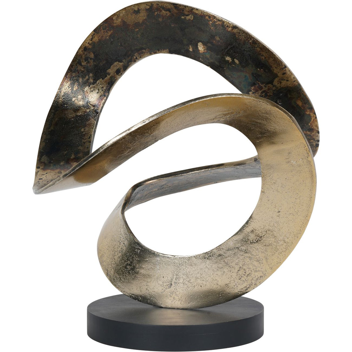 Ribbon Knot Sculpture with a pale gold loop in front of a darker arch, mounted on a low black circular base.