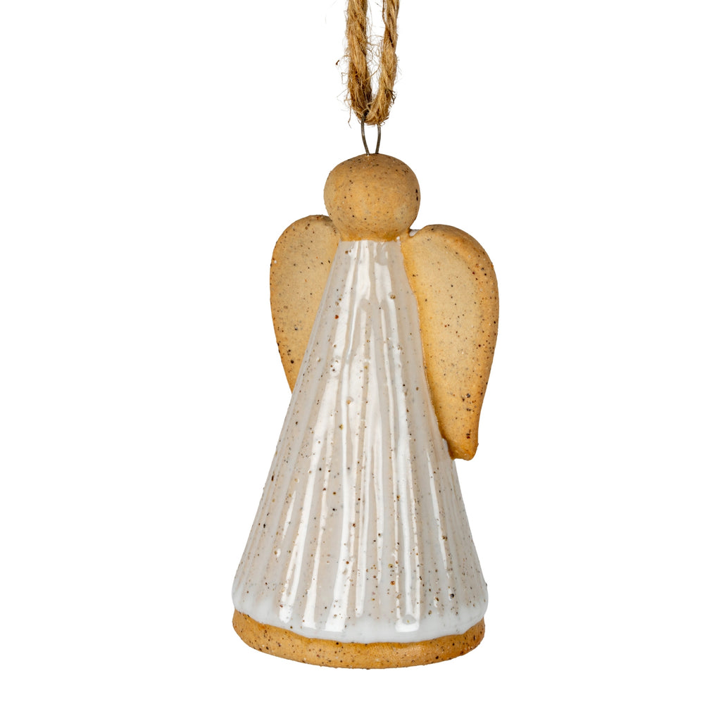 Close-up of the angel decoration showing its speckled ochre head and wings, glossy vertical ribs on the off-white gown and eyelet beneath the tan loop.