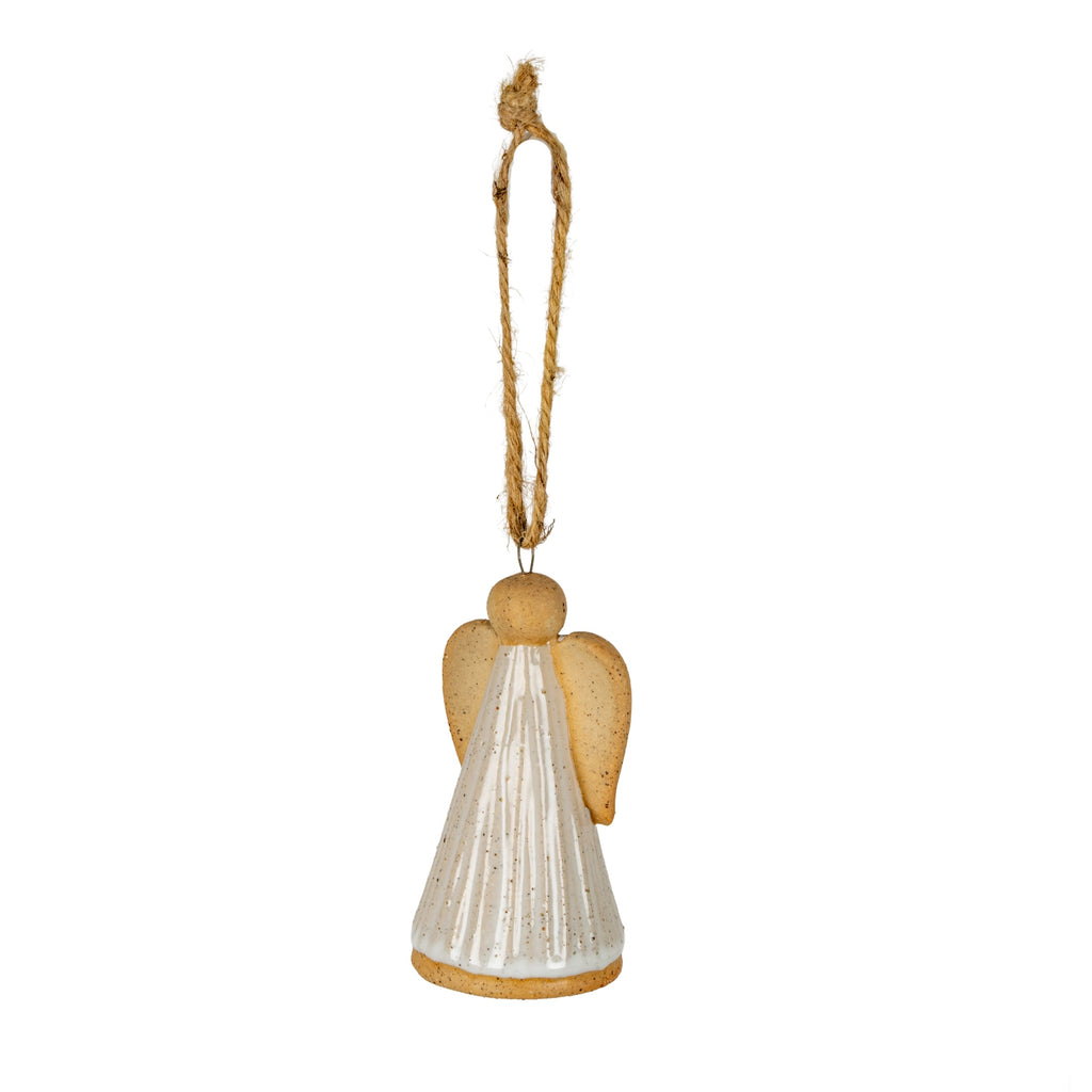 Full view of an angel hanging decoration with a long tan loop, rounded ochre head, downturned wings and an off-white ribbed gown.