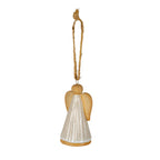 Full view of an angel hanging decoration with a long tan loop, rounded ochre head, downturned wings and an off-white ribbed gown.