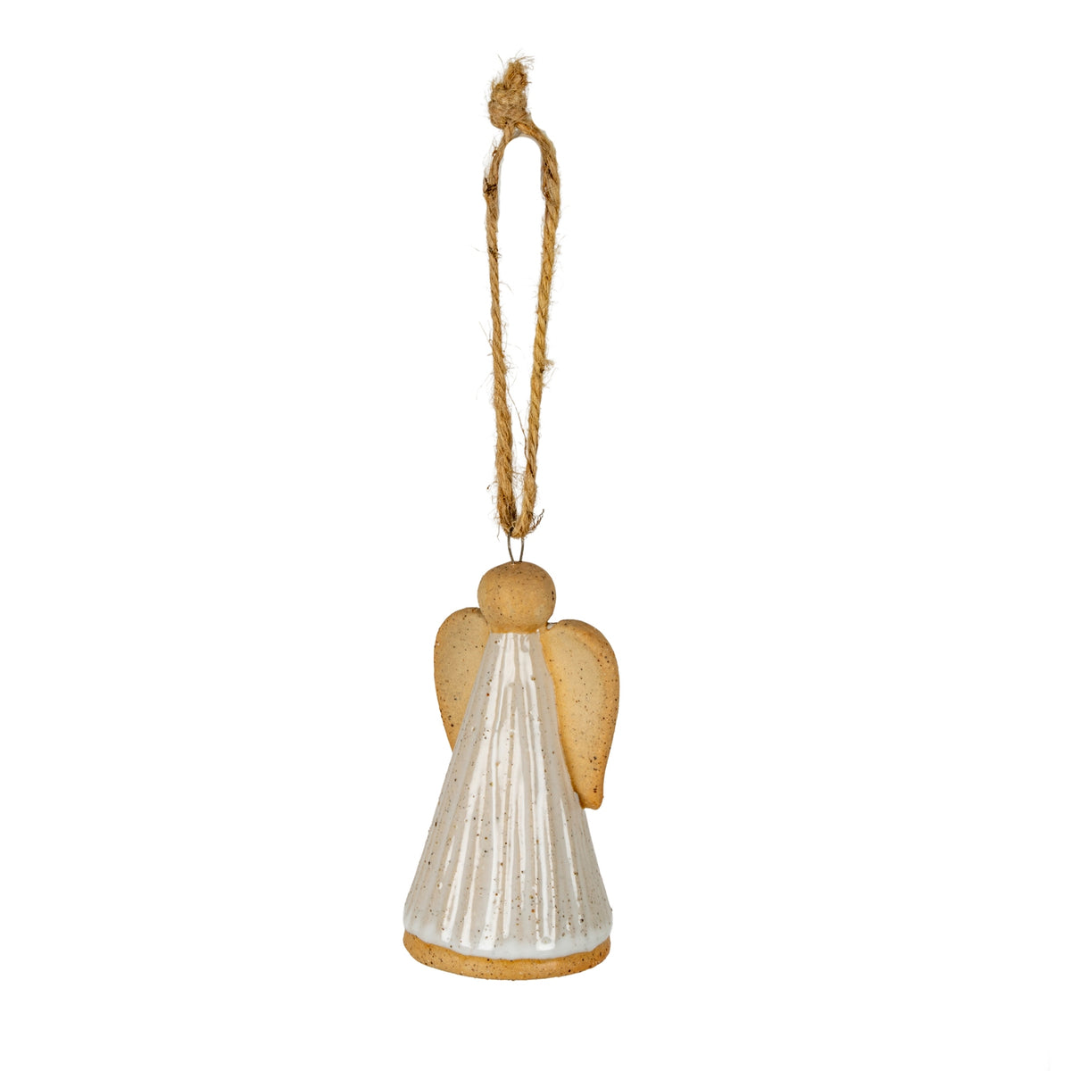 Full view of an angel hanging decoration with a long tan loop, rounded ochre head, downturned wings and an off-white ribbed gown.